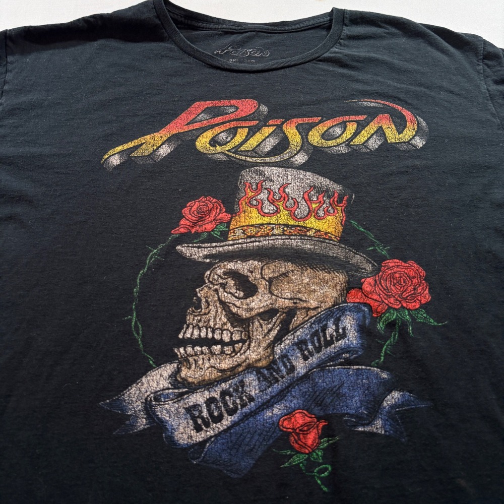 Poison Band T-Shirt Men 3XL Black Skull Roses Rock and Roll Graphic Short Sleeve